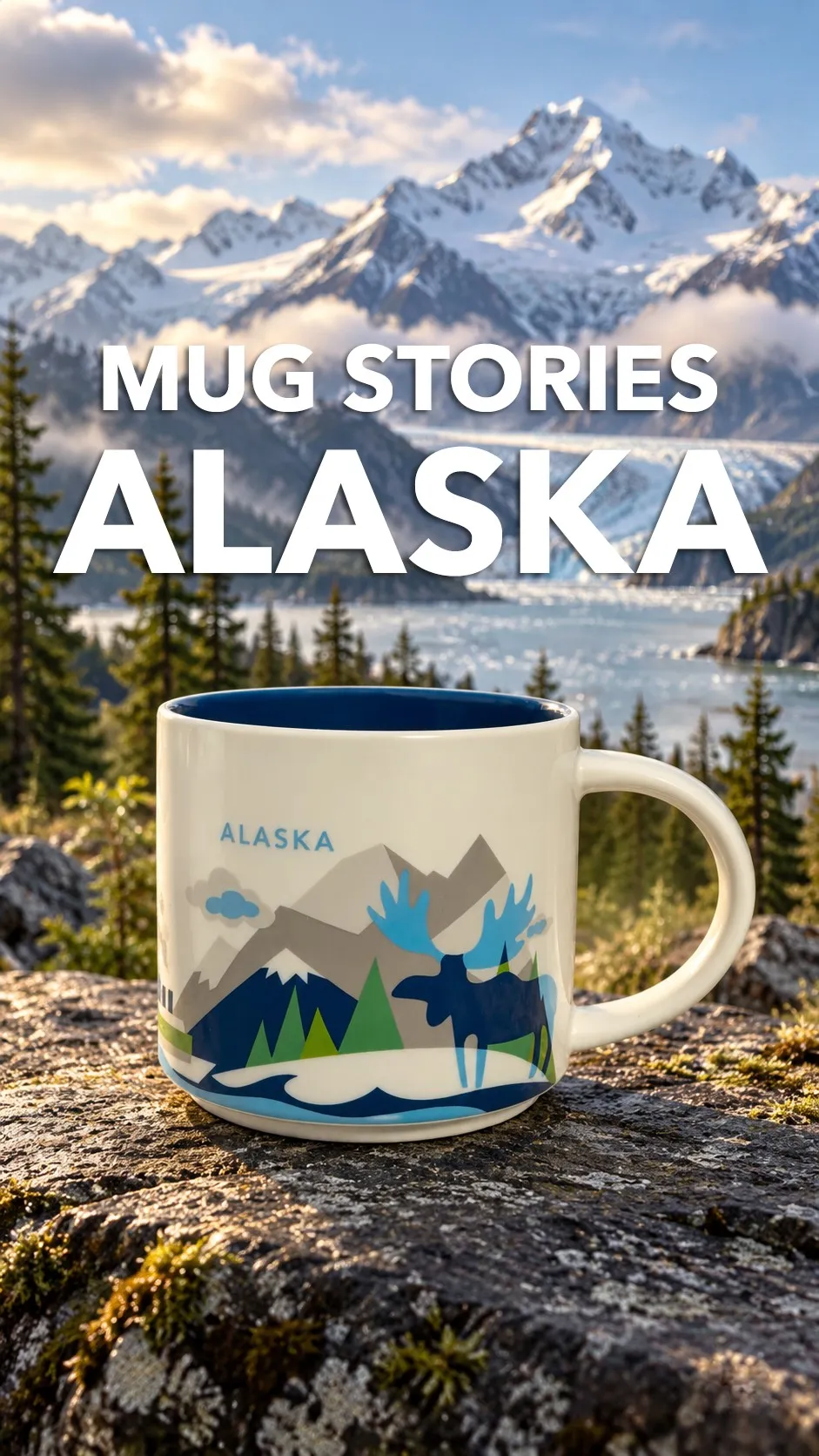 Mug Stories: Alaska episode thumbnail, the Alaska mug on a rock with mountains behind it