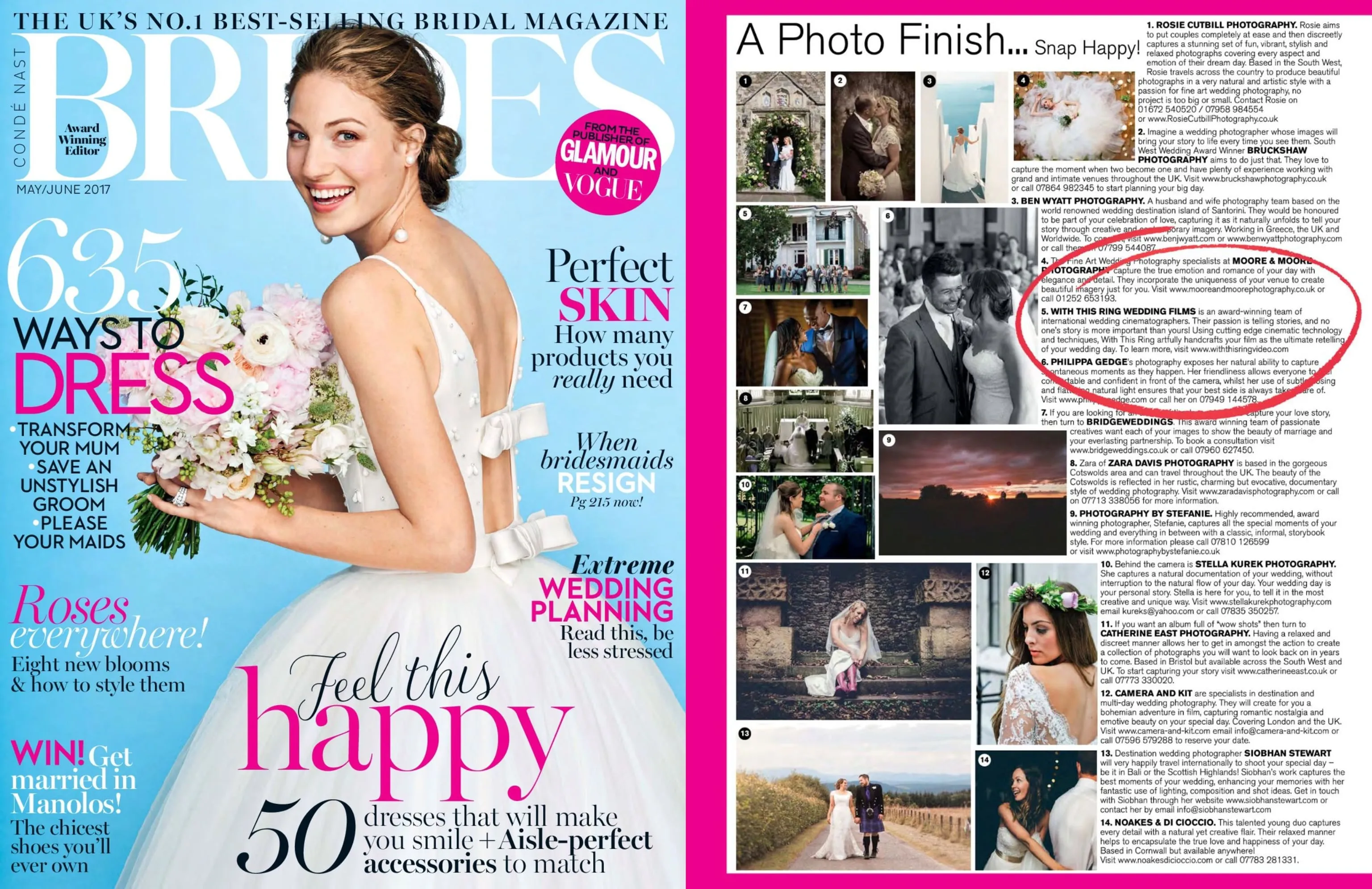 The May/June 2017 cover of Brides UK beside the inside page A Photo Finish, with our listing circled