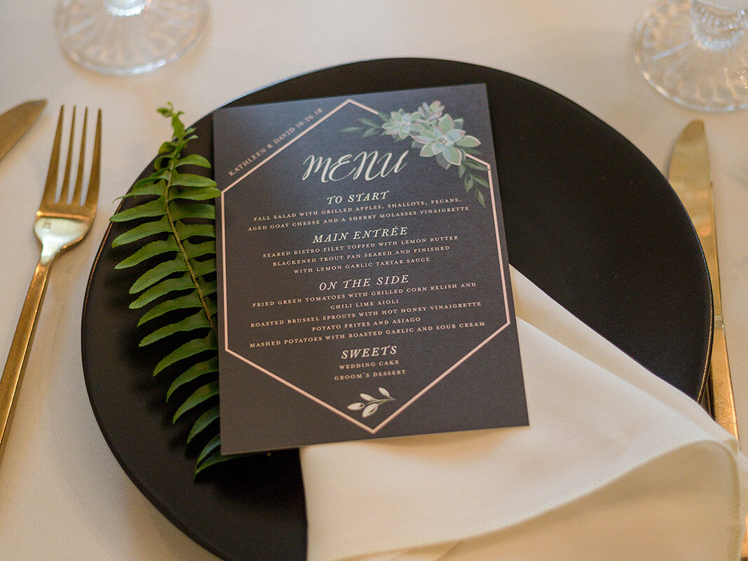 A wedding menu card with an elegant place setting