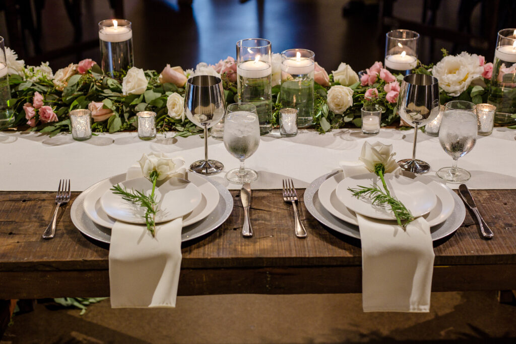 An opulent tablescape at the bride and groom's head table at Nashville area venue Graystone Quarry. 