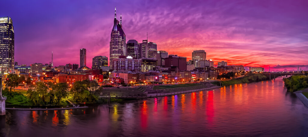 a beautiful nighttime skyline view of Nashville, TN: the perfect destination wedding spot