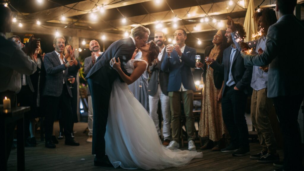 bride and groom's first dance in the middle of family and friends in Nashville