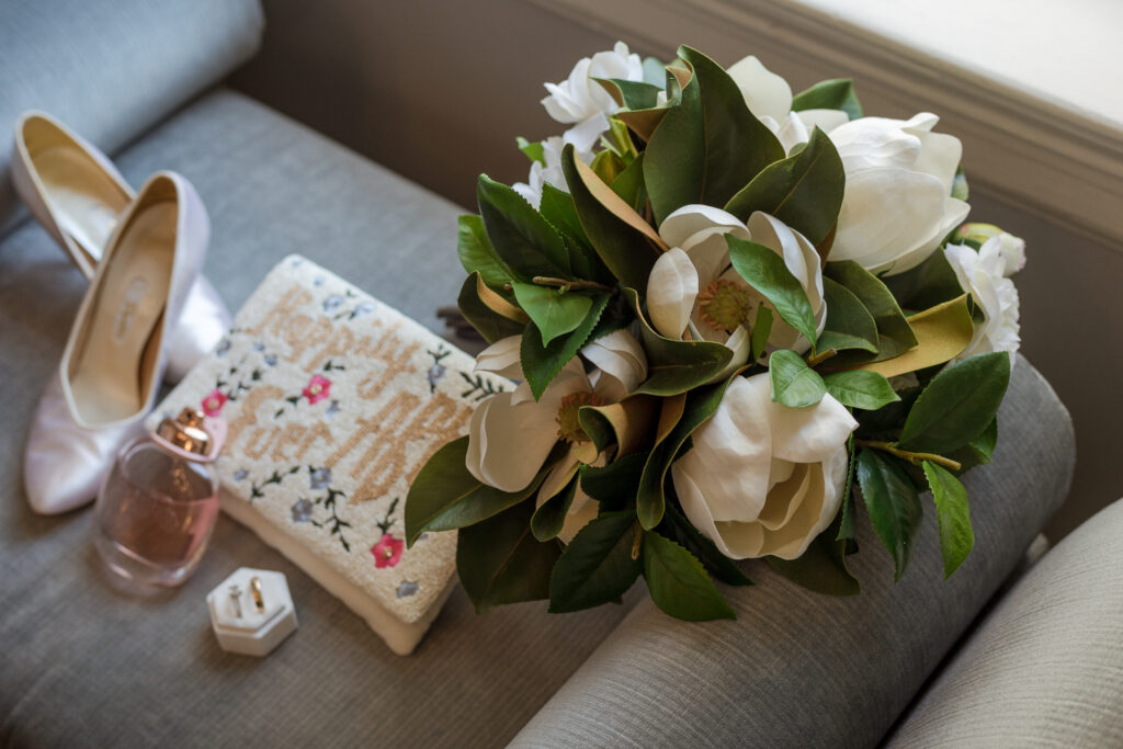 a beautiful white and green bridal bouquet captured by Shelby and Reid's Nashville wedding photographer 