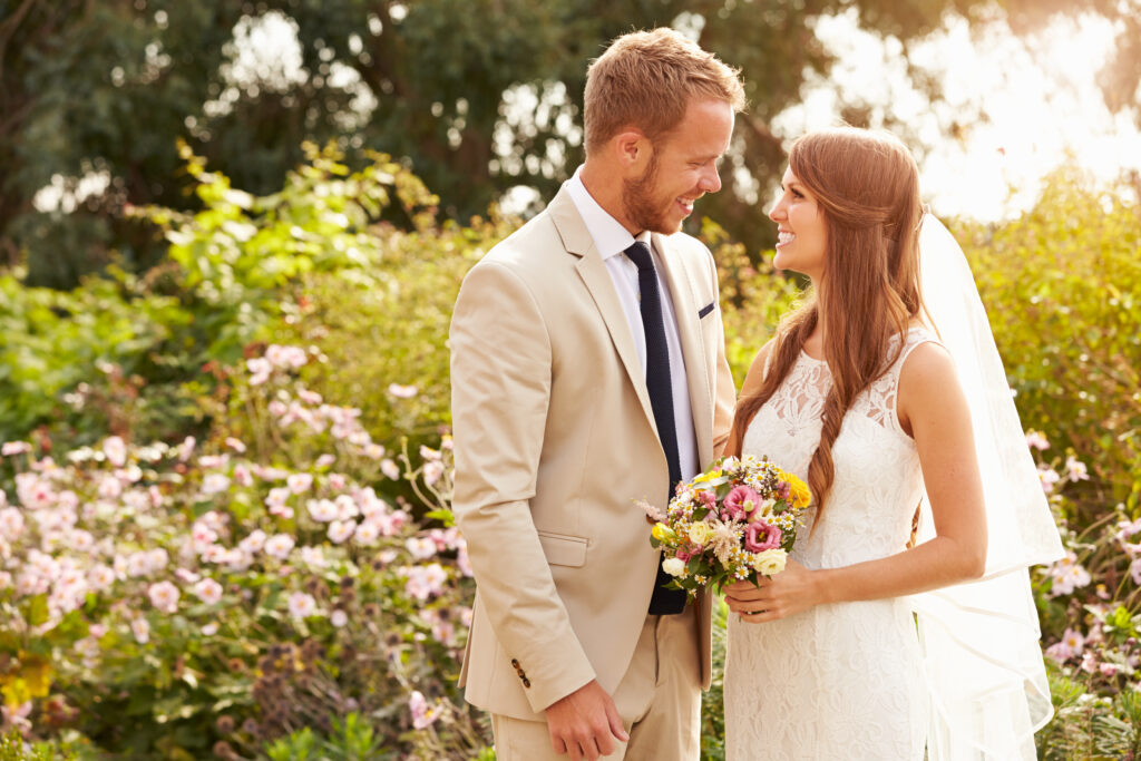 groom Steven and bride Annalise pose for Nashville wedding photographer Brian during golden hour