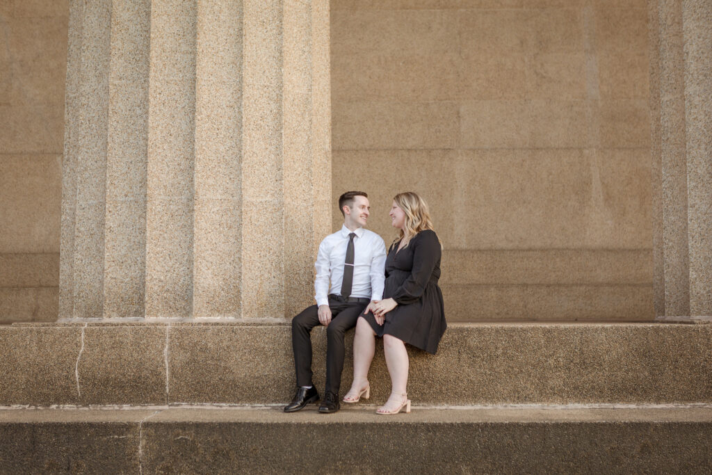 This lovely bride and groom share a quiet, introspective moment during their Nashville engagement photo shoot.