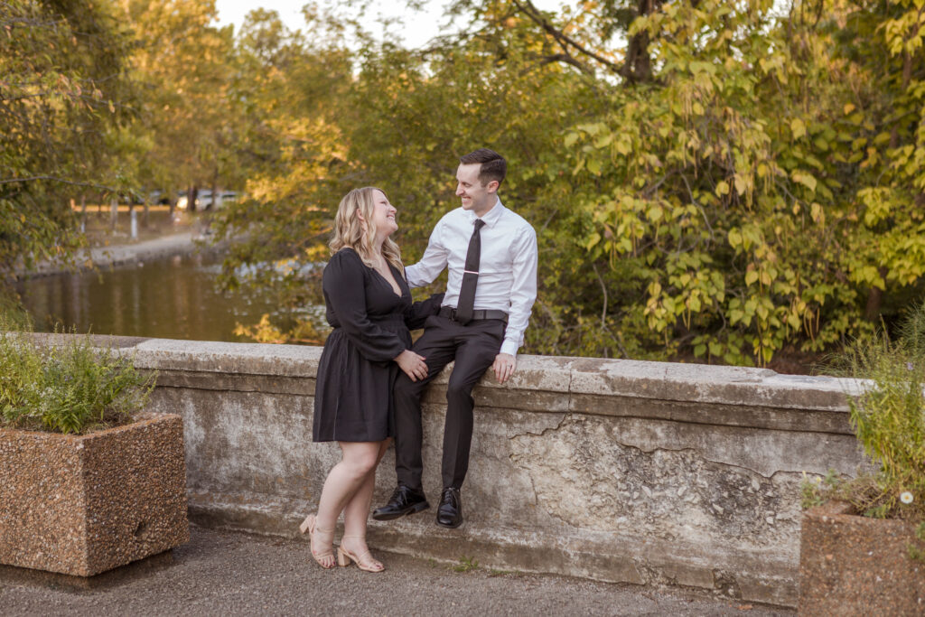 Bride Caitlin and groom Gunnar pose for their wedding engagement photos at popular Nashville location Centennial Park.