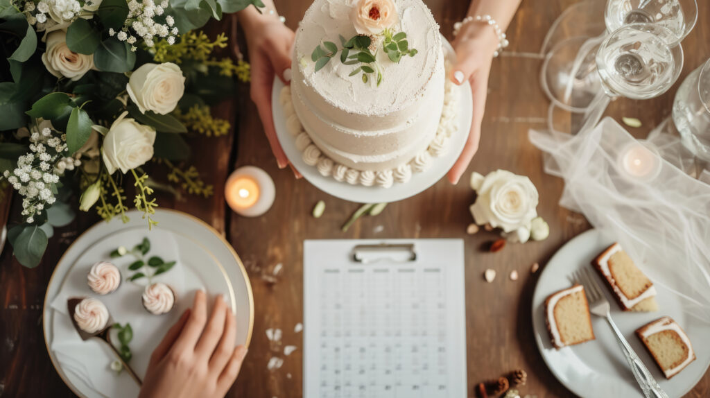 A bride's hands are seen arranging a cake tasting setup with elegant white roses and a wedding planning checklist, capturing the essence of matrimonial preparation.