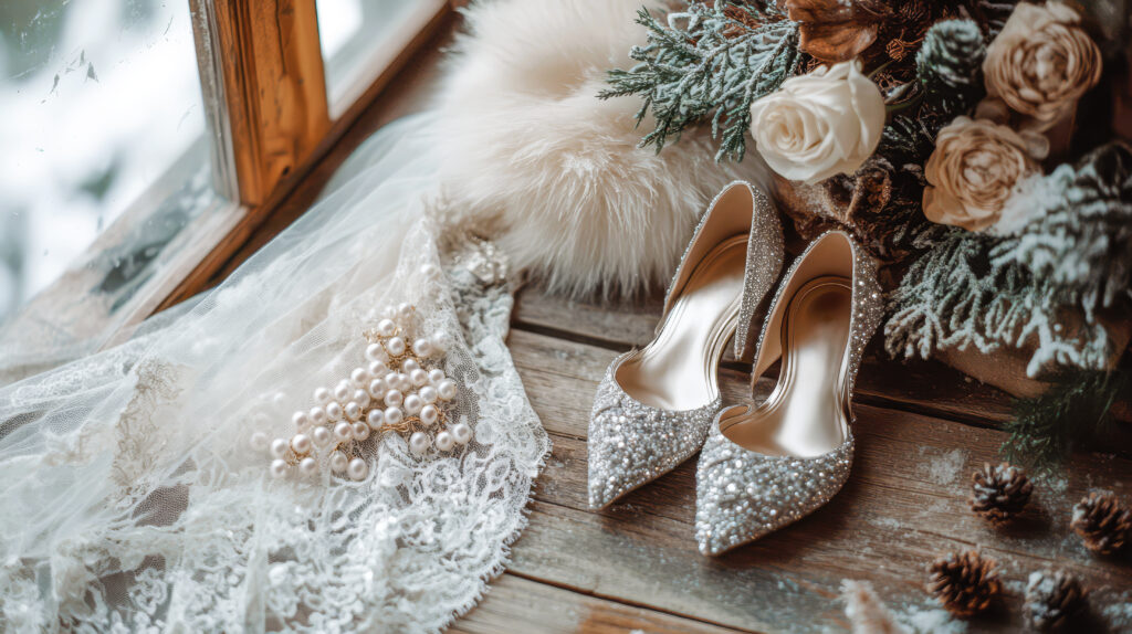 A collection of winter wedding accessories, including pearl earrings, a lace veil, a white fur stole, and sparkly heels, displayed on a rustic table with snow visible outside.