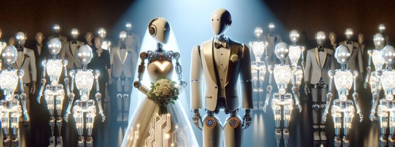 a bride and groom robots, dressed in a tux and wedding dress, with robot wedding guests